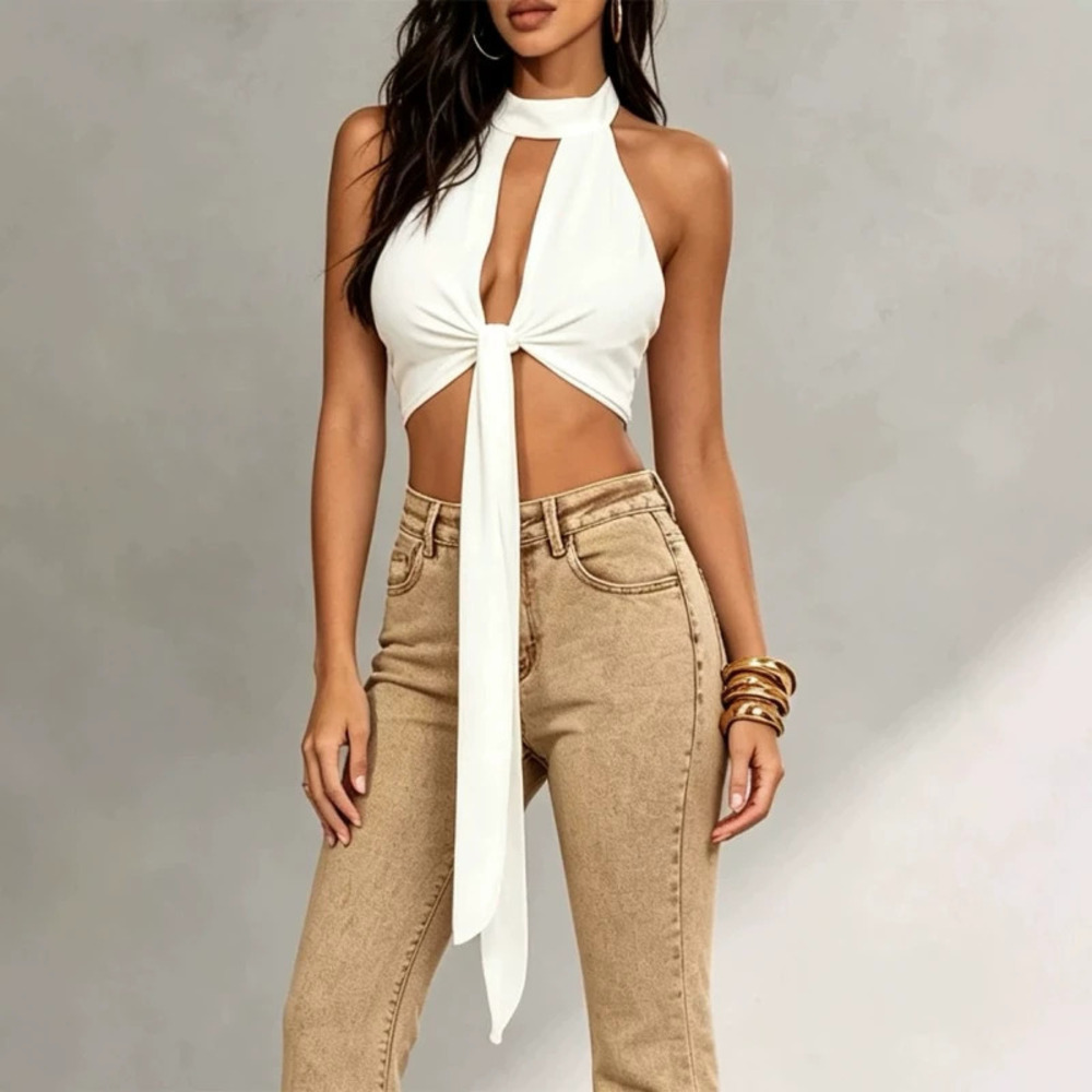 ZARA Summer Street Style Solid Halter Crop Top Tie
